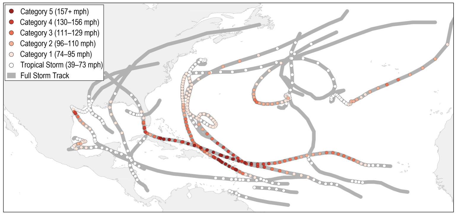 Trajectories of tropical storms are depicted on this map of the Gulf Coast. Colored dots indicate where storms have increased and decreased in strength. 